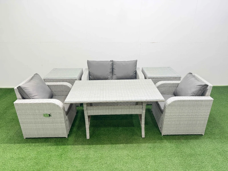 Image of Fimous Light Grey PE Wicker Rattan Garden Furniture Set Sofa Set Reclining Chair Rectangular Dining Table 4 Seater With 2 Side Table Light Grey