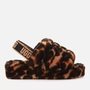 Image of UGG Womens Fluff Yeah Slide Leopard Print Sheepskin Slippers - Butterscotch - UK 7