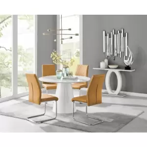 Image of Furniturebox Palma White High Gloss 4 Seat Minimalist Post Modern Round Dining Table & 4 Mustard Lorenzo Faux Leather Chairs