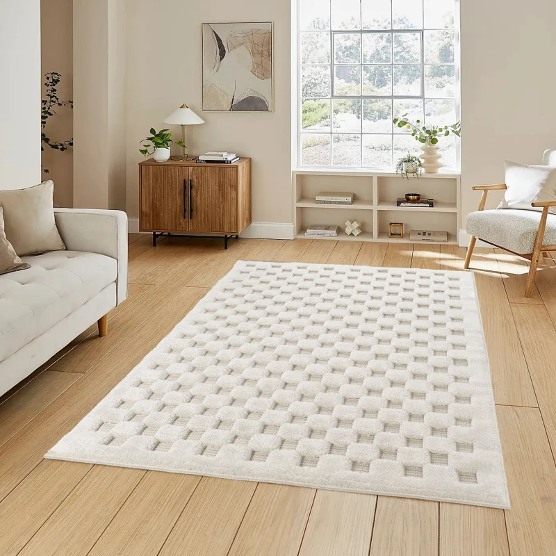 Image of Freya Living Room Area Rug Contemporary 3D Embossed Modern Cubed Design - Cream 160Cm X 230Cm