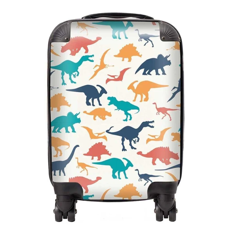 Image of Warren Reed - Designer Multicoloured Dinosaurs Suitcase in Blue Size: Medium Blue Unisex Medium