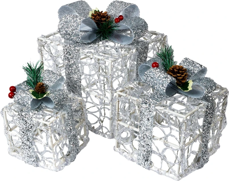 Image of St Helens Set of 3 LED Light Up Christmas Gift Present Box Decoration Battery Operated With Timer 8 Patterns and 60 LED's - Silver ELV-526816
