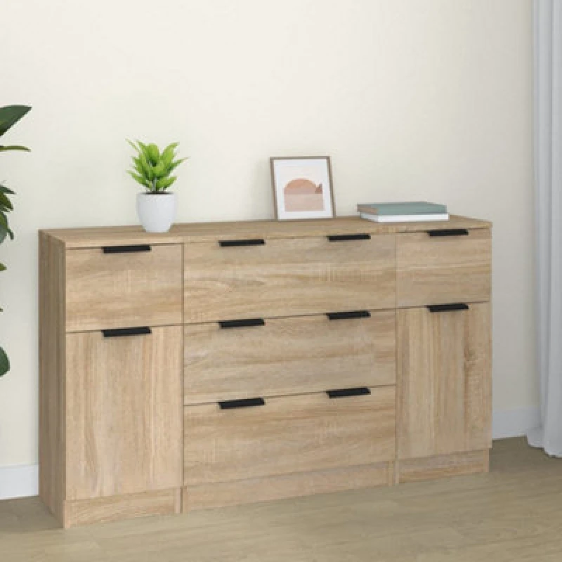 Image of vidaXL 3 Piece Sideboard Set Sonoma Oak Engineered Wood, Brown 3115822