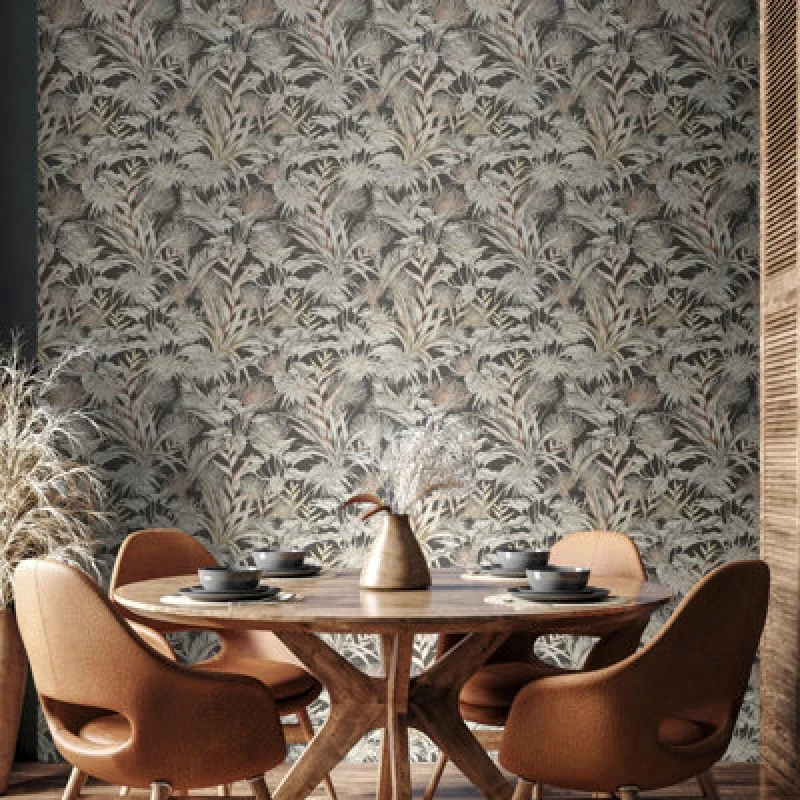 Image of Hoopla Walls Tropical Canopy - Charcoal & Stone 10M Wallpaper