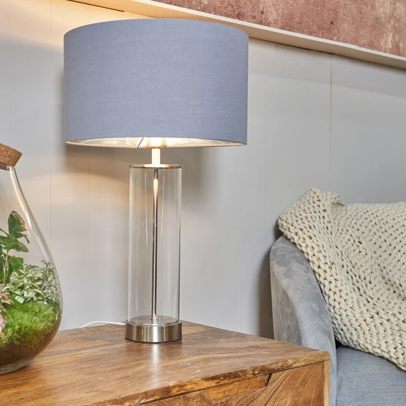 Image of ValueLights Balan Glass and Brushed Chrome Table Lamp with Chrome Metallic Inner Lamp Shade and LED Bulb Grey
