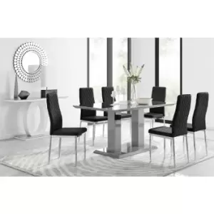 Image of Furniturebox UK - Furniturebox Imperia 6 High Gloss Grey Modern Dining Table and 6 Black Milan Faux Leather Dining Chairs With Silver Legs Diamond