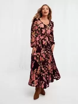 Image of Joe Browns Floral Long Sleeve Midi Dress -red, Red, Size 14, Women