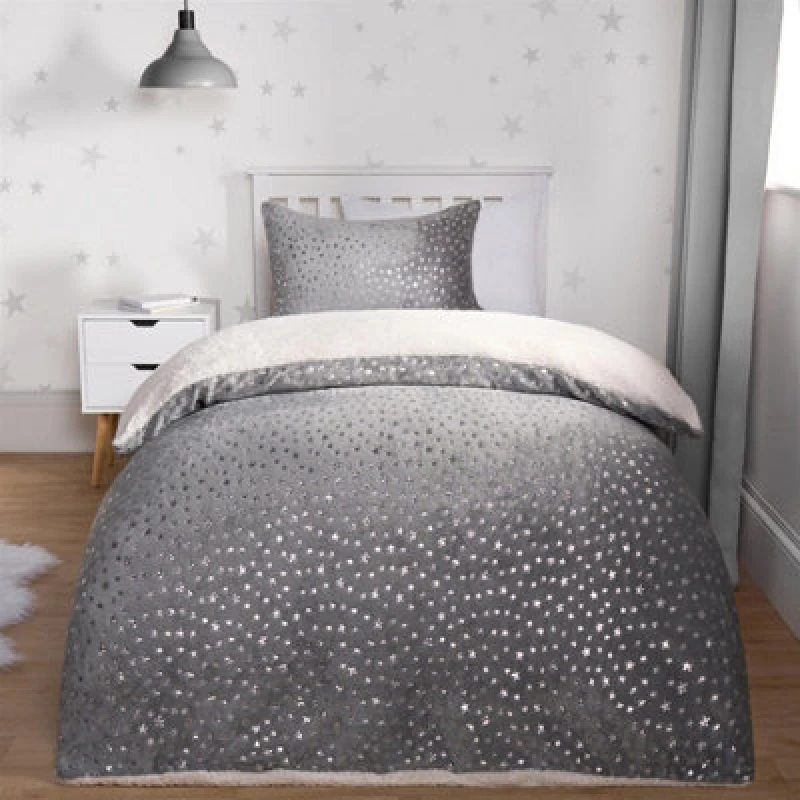 Image of OHS OHS Star Fleece Duvet Cover Bedding Set Metallic Foil Pillowcase Quilt in Charcoal Size: Single Charcoal Single Unisex 5027434190201