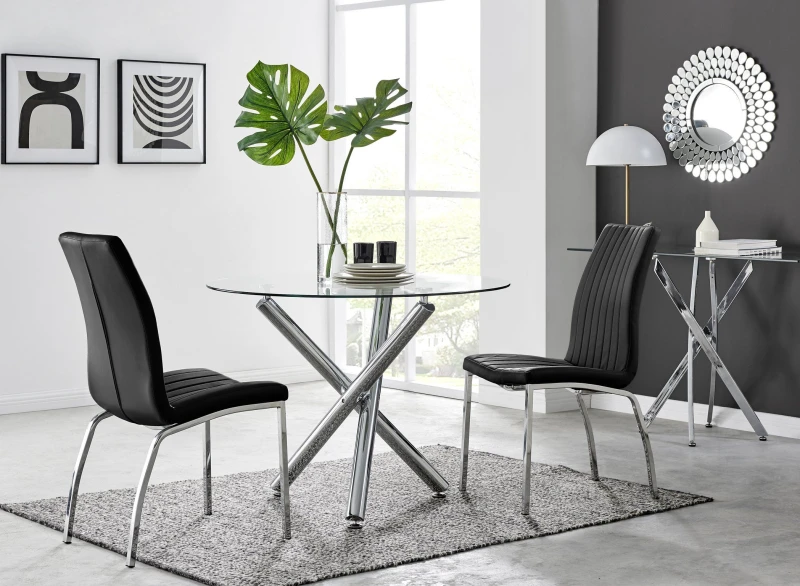Image of FurnitureboxUK FurnitureboxUK Selina Round Glass Chrome Leg Dining Table and Isco Chairs in Black Size: 4 Person Black 4 Person Unisex 5056542656279