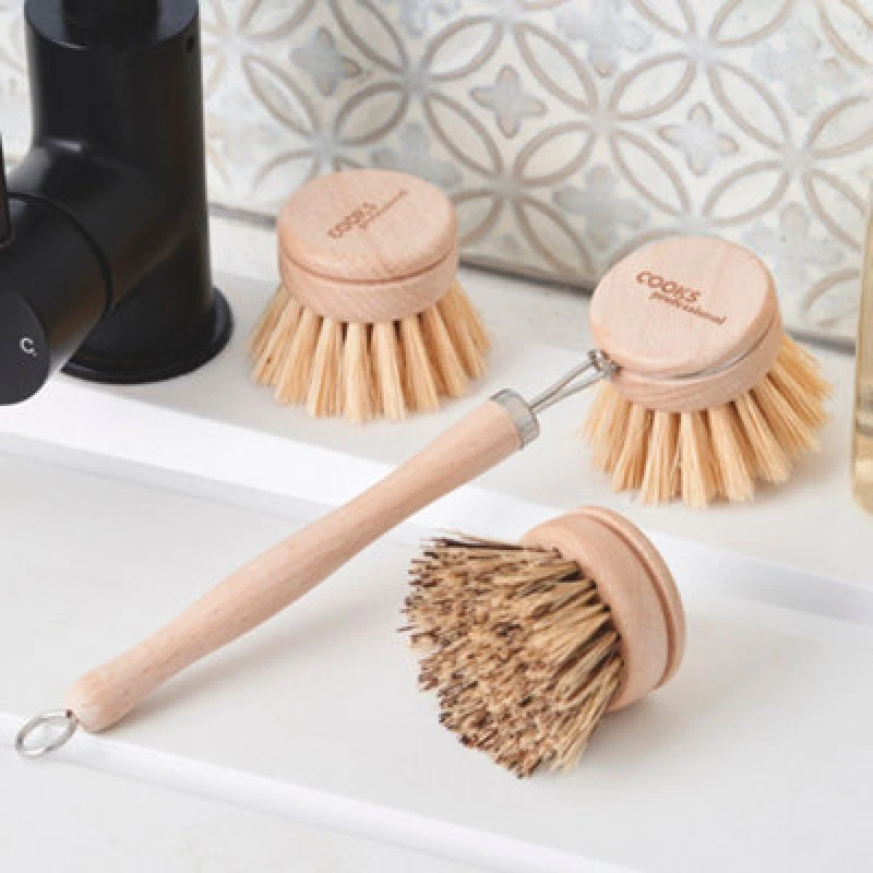 Image of Cooks Professional Eco-Friendly Bamboo Dish Brush - Long Handle Kitchen Cleaning Tool With 3 Heads & Natural Fibre Bristles