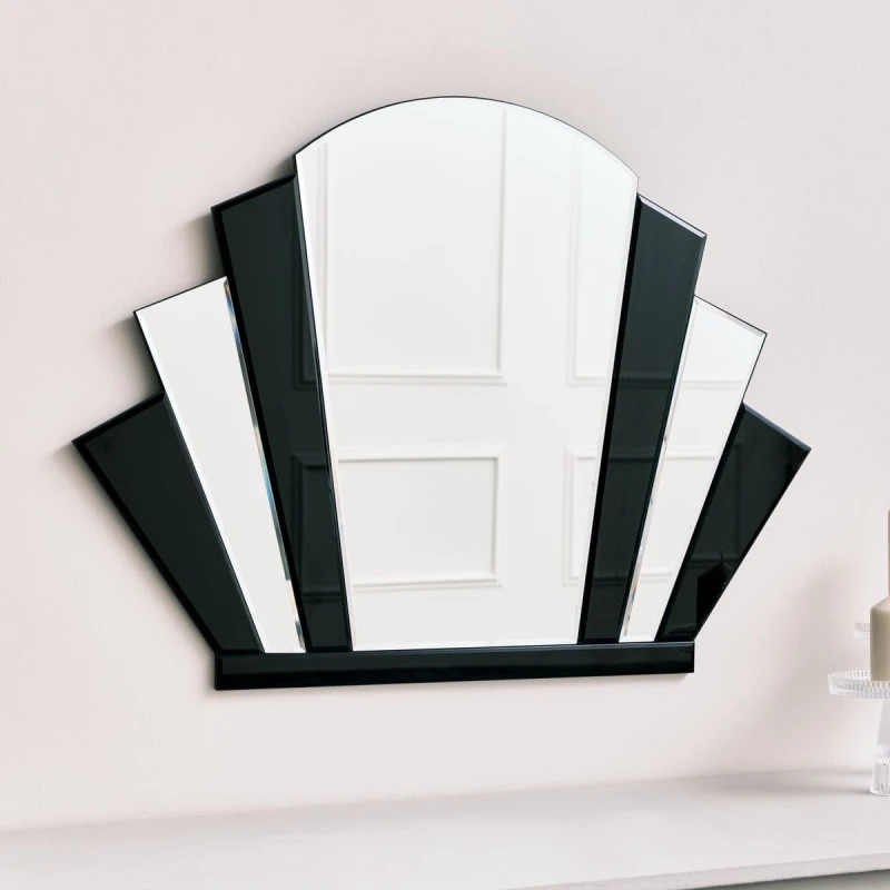 Image of Melody Maison Black Glass Art Deco Arch Fan Wall Mirror 80cm X 60cm Black