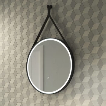 Image of Round LED Bathroom Mirror with Leather Strap - 600mm - Sensio Nova