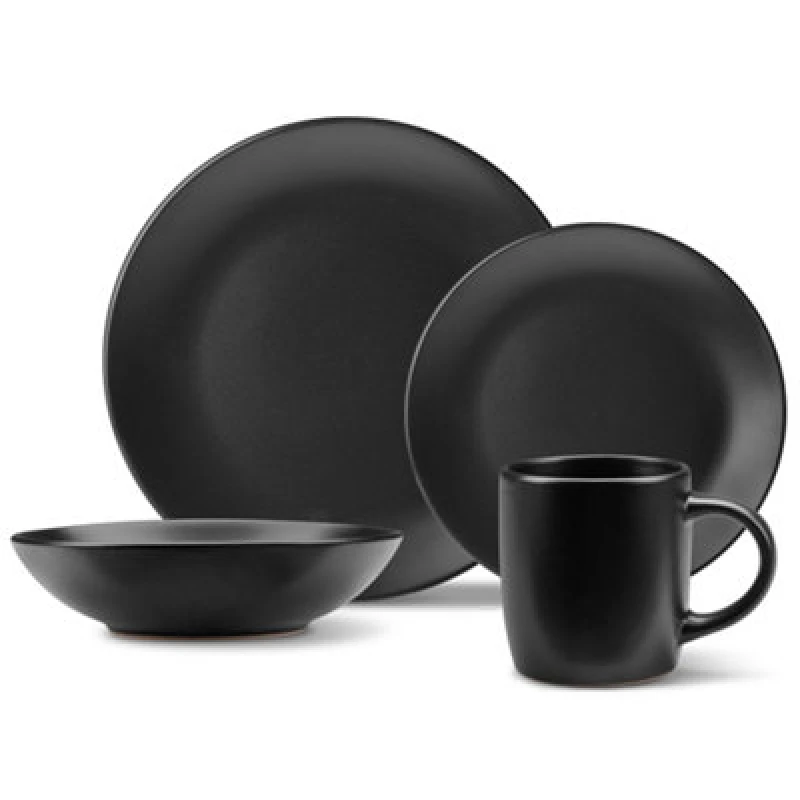 Image of Vonshef 16Pc Matte Black Dinner Set, Dinnerware Set Of 16 Pieces, Includes Dinner Plate, Side Plate, Bowl & Mugs, Dinner Table Set