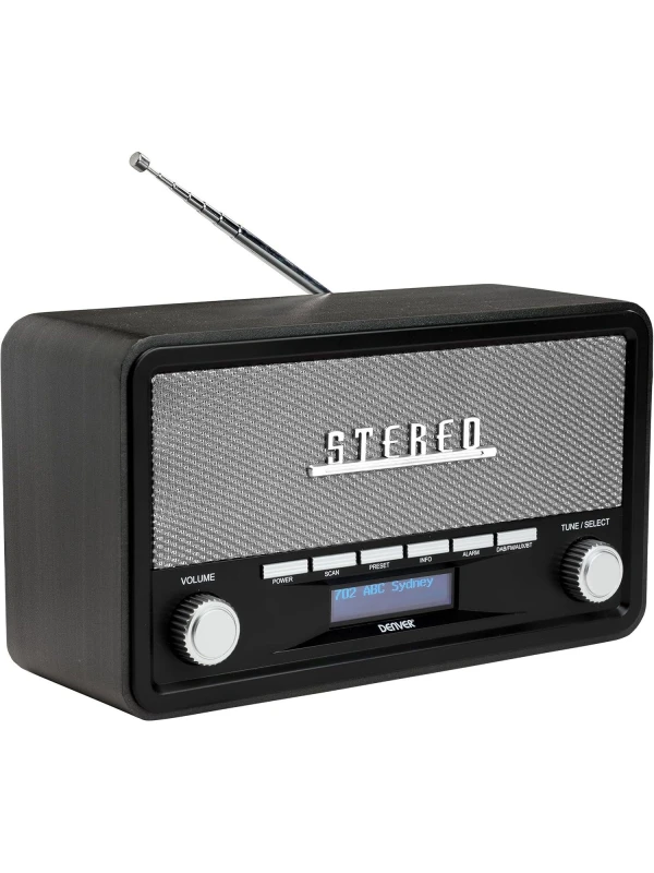 Image of Denver Vintage Style Stereo DAB+ & FM Radio - Wood Cabinet, Bluetooth, Clock Radio Alarm in Dark Grey Dark Grey Unisex