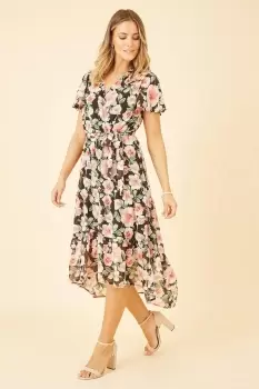 Image of Black Floral Wrap Dress With Tiered Dipped Hem