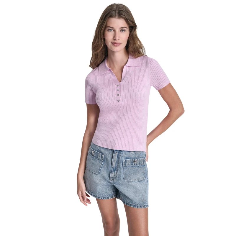 Image of DKNY Jeans Short Sleeve Rib Polo W/ Logo Rhinestone Buttons Pink Lavendar female 8 (XS)