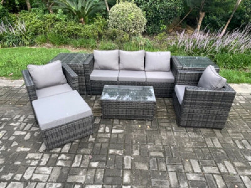 Image of Fimous Outdoor Rattan Garden Furniture Set with 3 Seater Sofa Coffee Table 2 Side Tables 2 Armchairs Big Footstool Dark Grey
