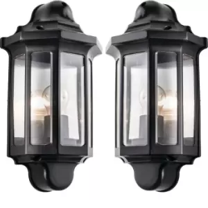 Image of 2 PACK IP44 Outdoor Wall Light Satin Black Half Traditional Dimmable Porch Lamp