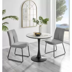 Image of Furniturebox UK - Furniturebox Elina White Marble Effect Modern 80cm Round Dining Table & 2 Light Grey Halle Fabric Chairs