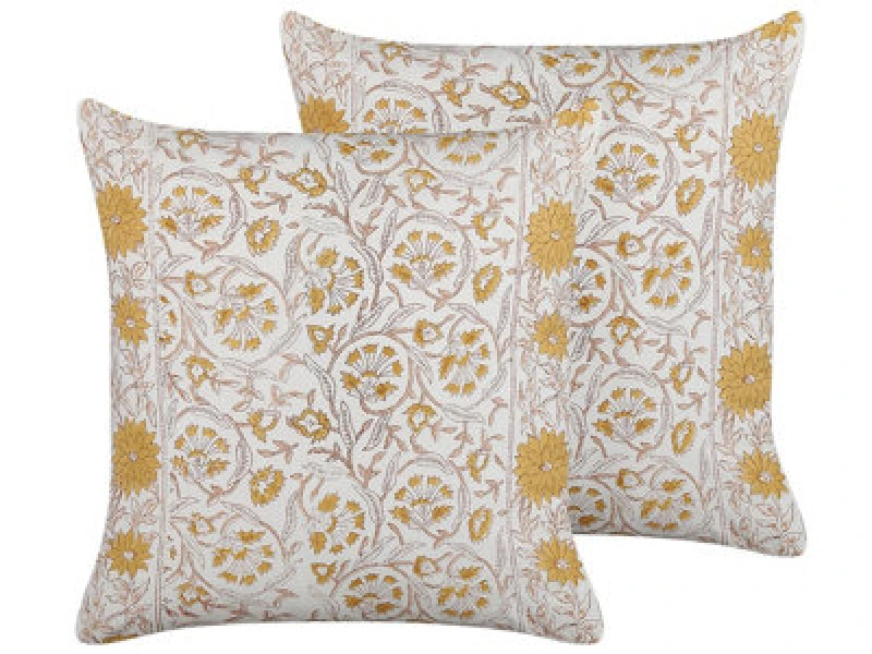 Image of Beliani Set Of 2 Decorative Cushions Calathea Cotton 45 X 45cm Yellow Floral Pattern