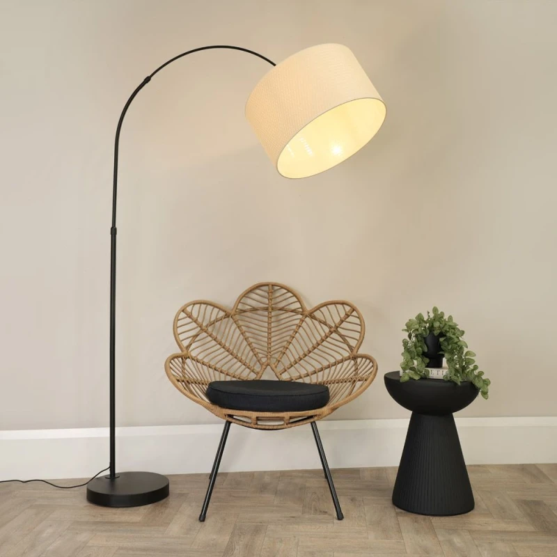 Image of ValueLights Louis Black Arched Curved Floor Lamp with Natural Wicker Drum Lamp Shade Natural