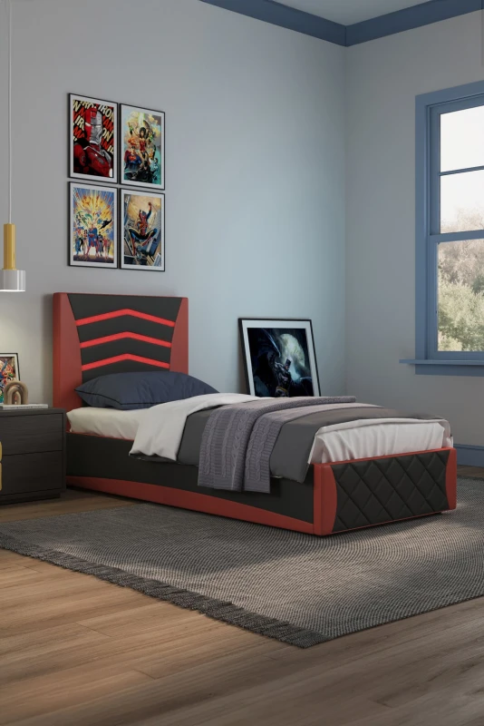 Image of Slumberworx Galaxy Ottoman Storage LED Lights Headboard Gaming Faux Leather Single Bed Frame - Black And Red, Black 5055744836083