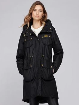 Image of Barbour International Monza Faux Fur Lined Hood Wax Coat - Black, Size 14, Women
