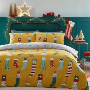 Image of Furn Meowy Christmas Reversible Duvet Cover Set, Ochre, Double