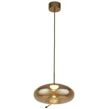 Image of Searchlight Lighting - Searchlight Lisbon 1 Light LED Dome Pendant, Satin Brass And Amber Glass 2700K