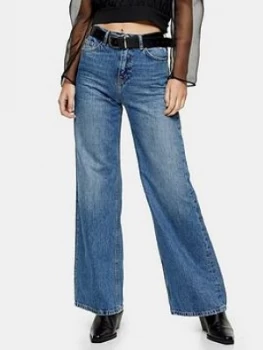 Image of Topshop Slim Wide Leg High Rise Jeans - Mid Blue
