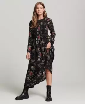 Image of Superdry Womens Long Smocked Dress Black / Bandana Multi - Size: 14