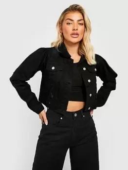 Image of Boohoo Distressed Puff Shoulder Denim Jacket - Black, Size 8, Women