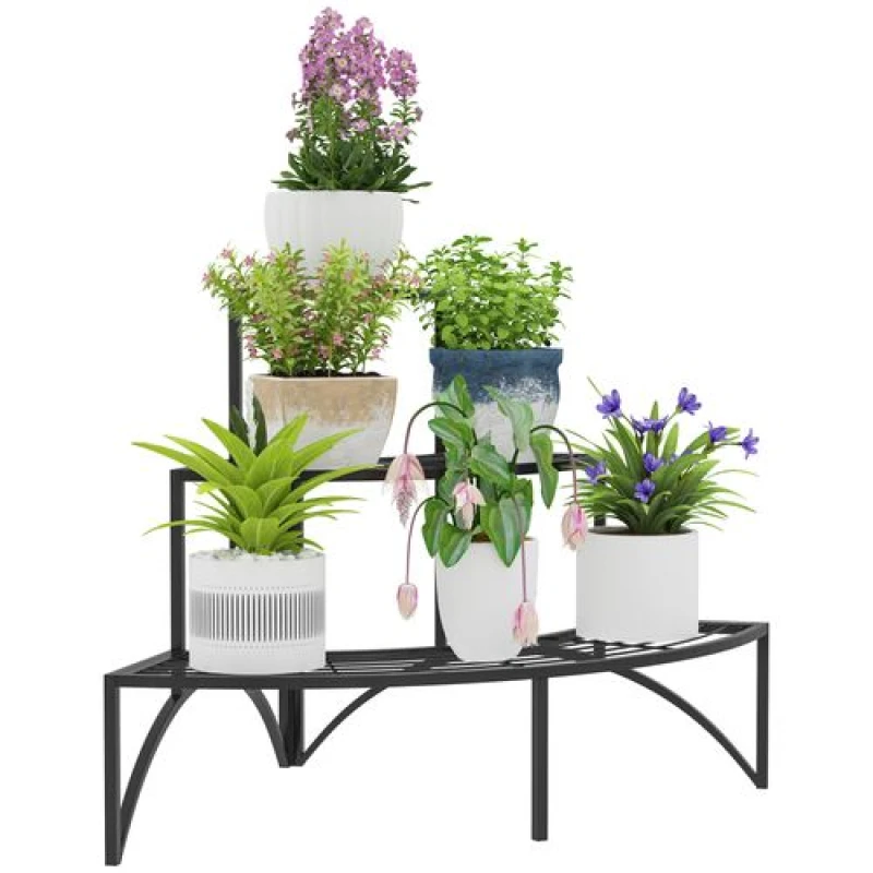 Image of Outsunny 3 Tier Metal Corner Plant Stand for Garden Balcony Patio, Black Black