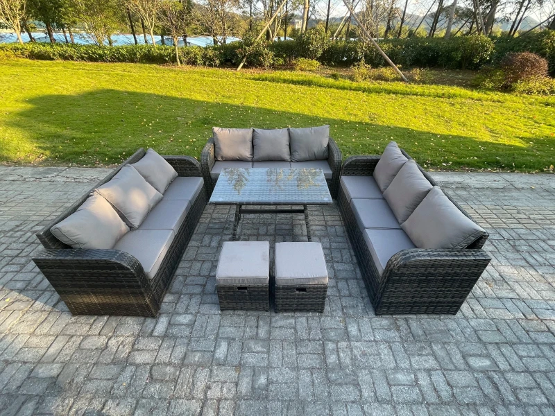 Image of Fimous 11 Seater Wicker Rattan Garden Furniture Set with Rectangular Dining Table 2 Small Footstools Patio Outdoor Lounge Sofa Set Dark Grey