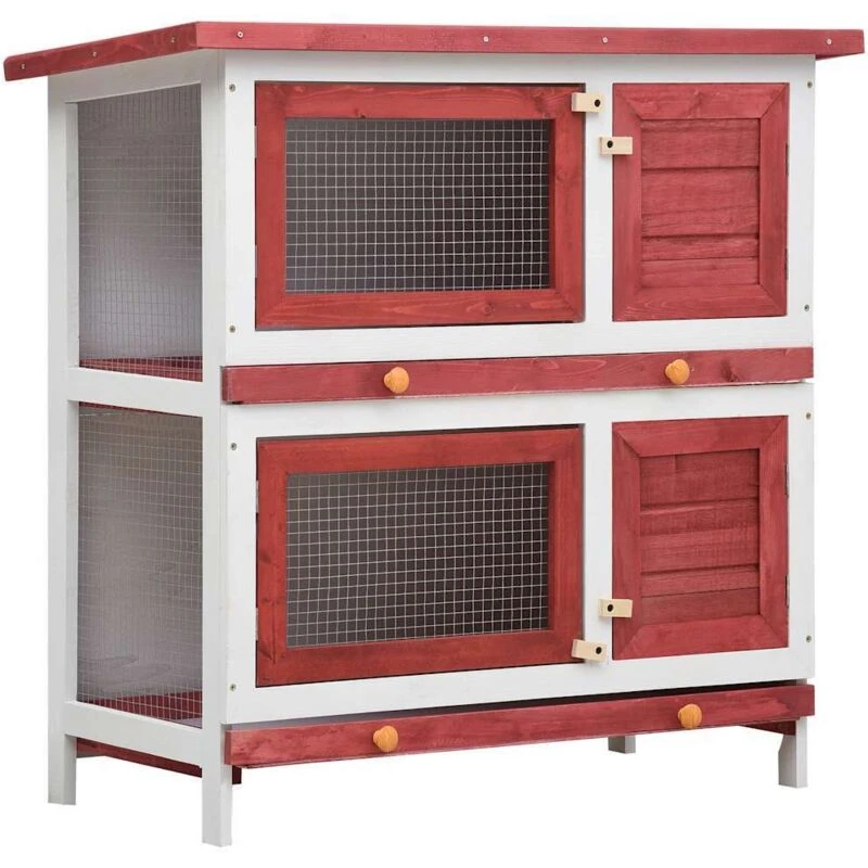Image of vidaXL Outdoor Rabbit Hutch 4 Doors Red Wood Pet House Habitat Cage Carrier