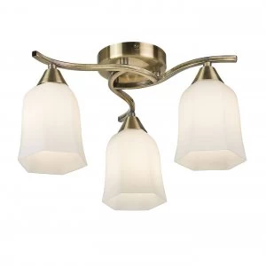 Image of 3 Light Semi Flush Multi Arm Ceiling Light Antique Brass, Opal Glass, E14