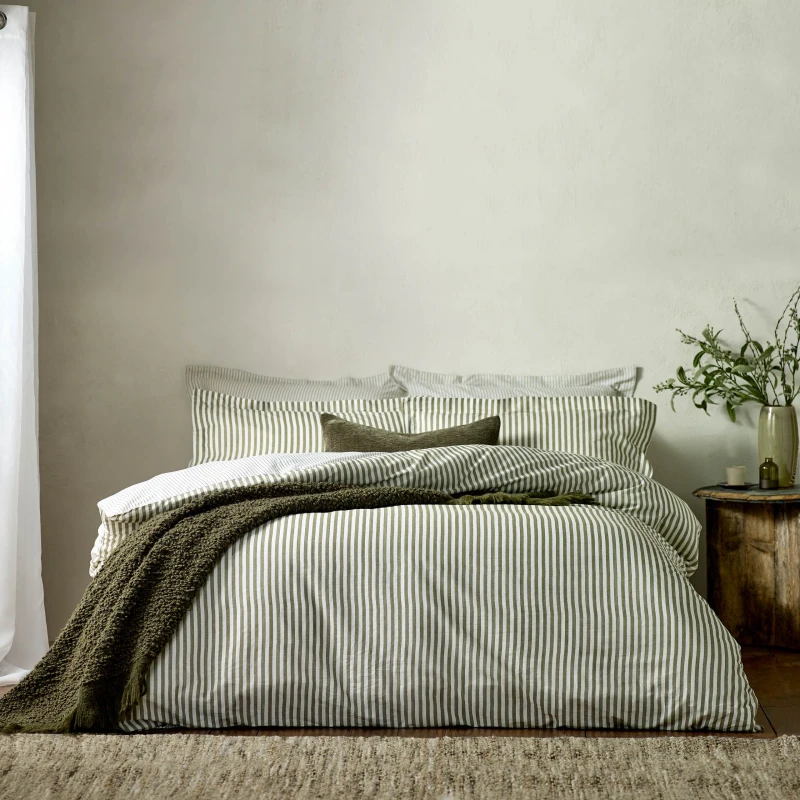 Image of Yard Hebden Striped 100% Cotton Duvet Cover Set in Olive Size: Single Olive Unisex Single