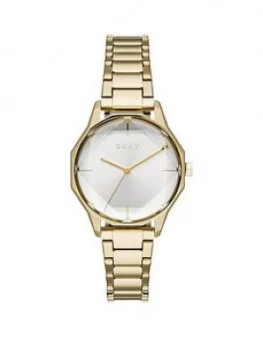 Image of DKNY Silver and Gold Detail Angled Glass Dial Gold Stainless Steel Bracelet Ladies Watch, One Colour, Women