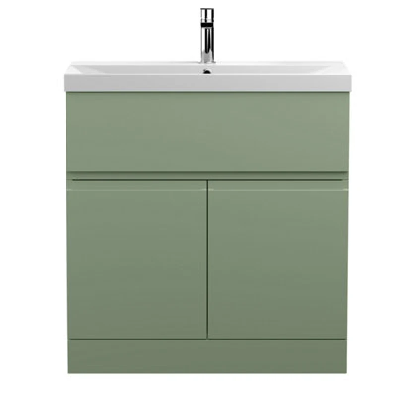 Image of Hudson Reed Urban Floor Standing 2 Door 1 Drawer Vanity Unit With Thin-Edge Basin, Modern Vanity Unit In Satin Green, 800mm
