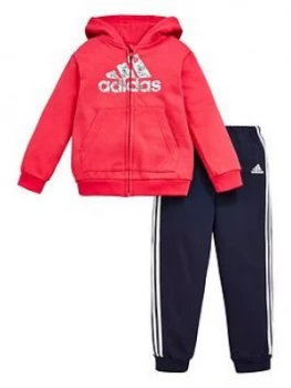 Image of adidas Infants Logo Full Zip Fleece Hoodie and Joggers Set - Pink, Size 6-9 Months
