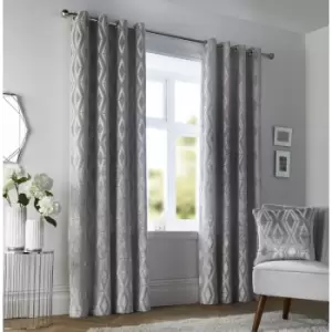 Image of Curtina Marco Geometric Velvet Lined Eyelet Curtains - Silver - 90x90