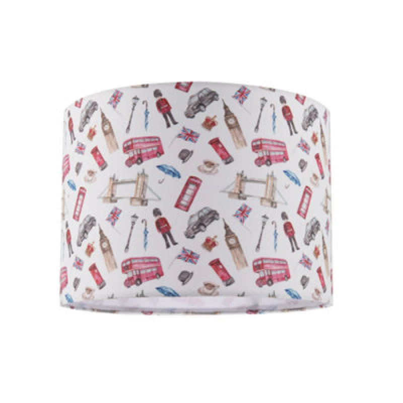 Image of Happy Homewares London Themed Cotton Lamp Shade With Red Buses Post Boxes Black Taxis
