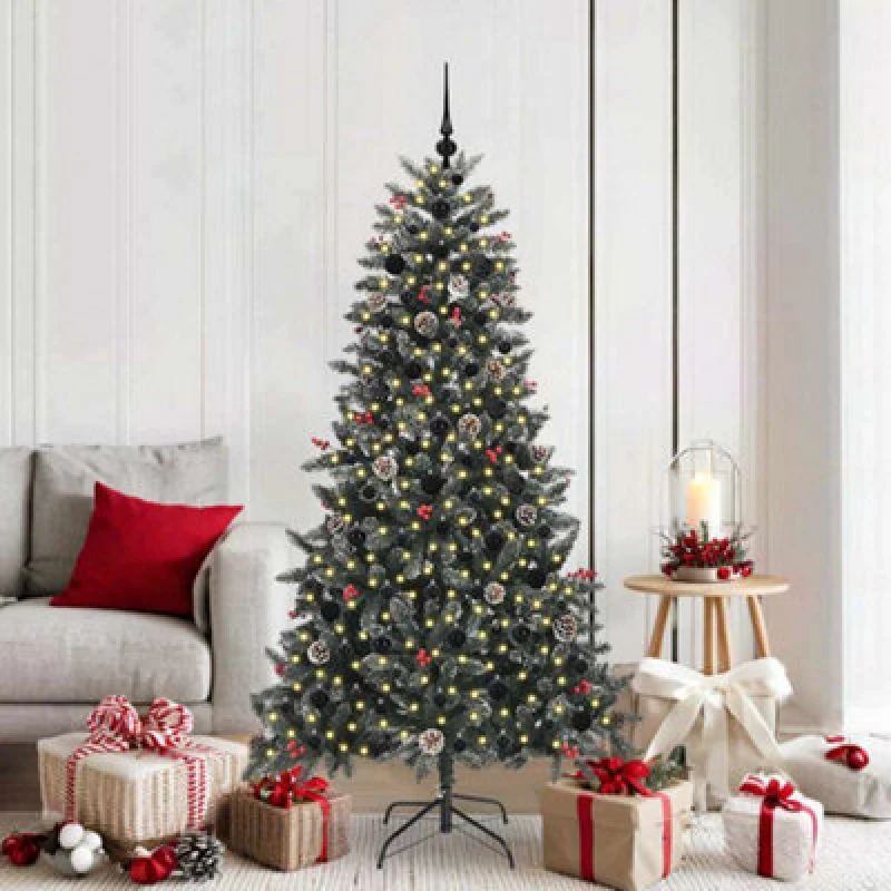 Image of vidaXL Artificial Christmas Tree with 300 LEDs, Black Balls Green 99 x 99 x 180 cm, Green 3395881