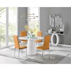 Image of Furniture Box Palma White High Gloss Round Dining Table and 4 Mustard Milan Chrome Leg Chairs