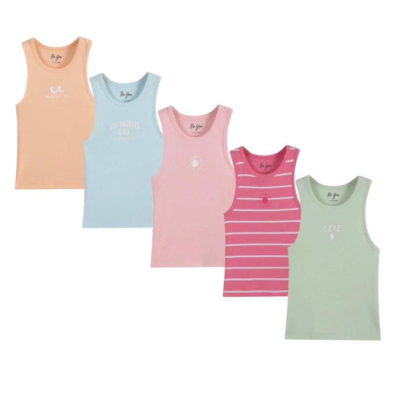 Image of Be You Older Girl Pack Of 5 Ribbed Vest - Multi Multi 6 - 7 Years