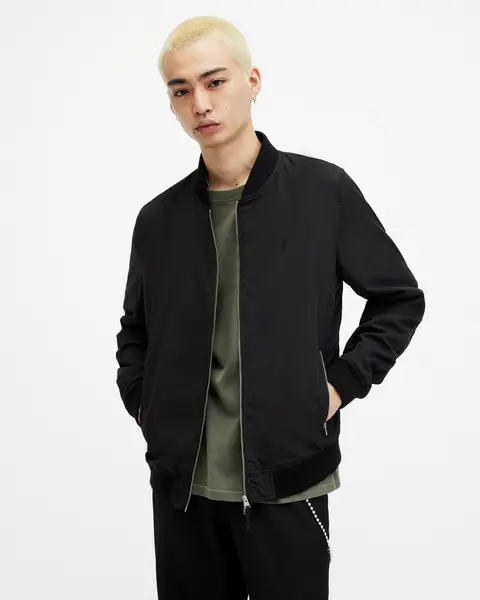 Image of AllSaints Mens Cotton Regular Fit Bassett Bomber Jacket, Black, Size: XL