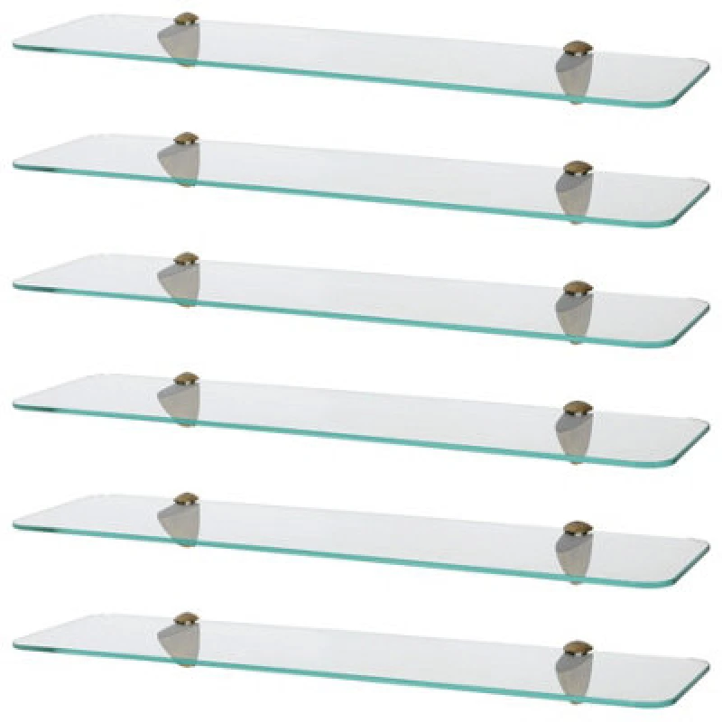 Image of Harbour Housewares 6X Rounded Floating Glass Shelves - 60Cm - Gold Brackets - Bathroom Shower Storage Vanity Display Unit Shelf