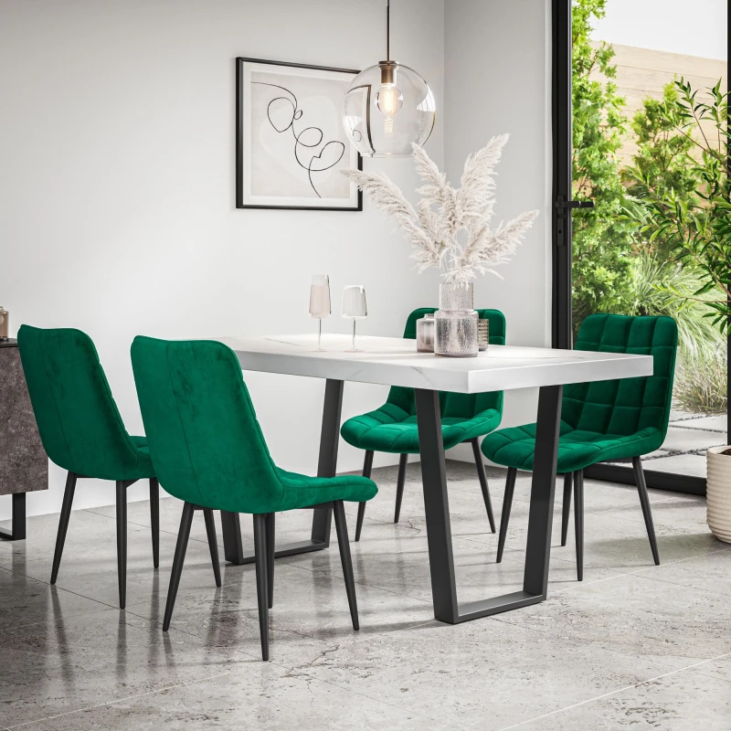 Image of More4Homes Aria Dining Table And Chairs - White Marble Effect Table Top W Black Legs + Nova Velvet Dining Chair Set Of 4 (Green)