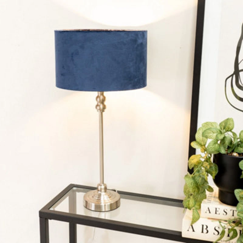 Image of ValueLights Maggie Brushed Chrome Candlestick Table Lamp with Velvet Drum Shade and LED Bulb Navy
