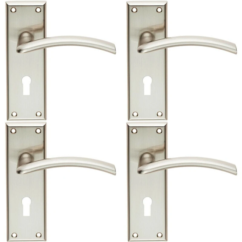 Image of Loops 4x PAIR Arched Lever on Lock Backplate Door Handle 150 x 50mm Satin Nickel Metallics